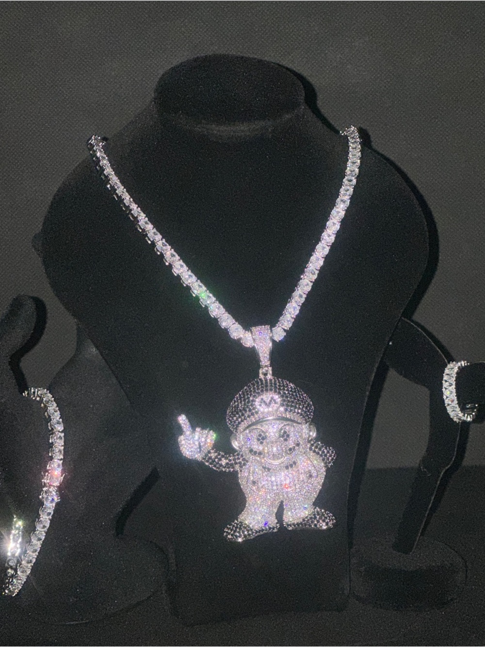 Sparkling Silver Super  Mario Bros Pendant with Tennis Necklace Set